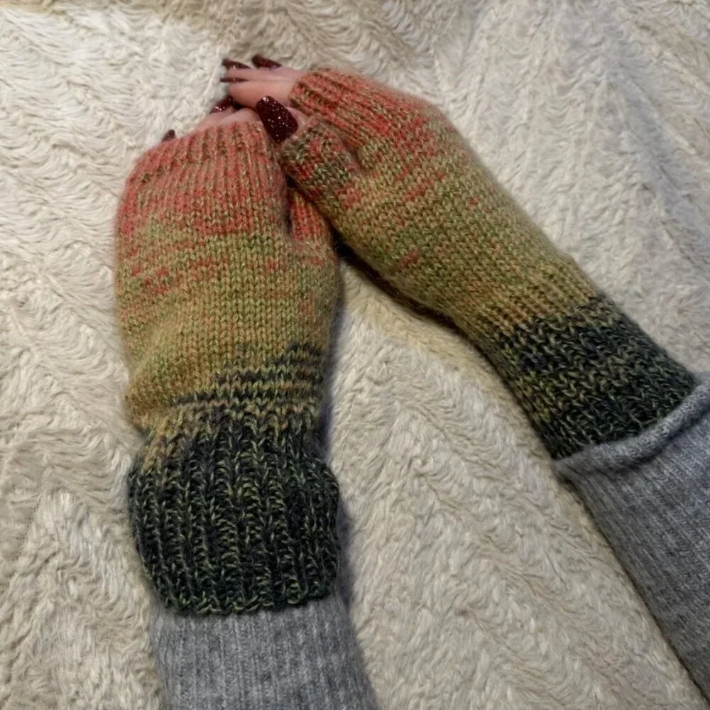 Handmade Women's Wool Blend Watermelon Multi Knit Fingerless Soft Mittens Gloves